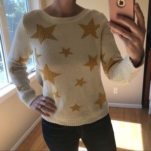 Marled Reunited Clothing 100% Cotton Boat Neck Cream Sweater with Yellow Stars